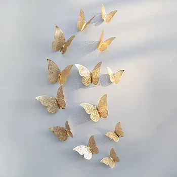 12 бр./компл. 3D стикери за стена пеперуда от куха хартия 3 размера Сребро Злато за хладилник Етикети за домашно парти Сватбен декор