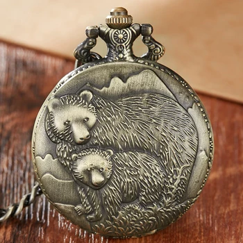 Два мечка Механични джобен часовник с римски циферблат и ръчно от кух скелет, часовници в стил steampunk, напълно стоманени джобен часовник, верижка, подаръци