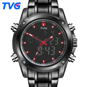 Мъжки спортен часовник кварцов аналогов военни часовници с двоен механизъм, водоустойчиви led цифров часовник, каишка от неръждаема стомана TVG KM526