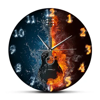 Огън и вода, Ин-Ян, акустична китара, модерен дизайн, стенен часовник за китарист музикално студио, начало декор, безшумни кварцов стенен часовник