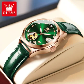 OLEVS Луксозни маркови дамски механични часовници с кожена каишка, водоустойчив прости модни дамски автоматичен часовник Relojes Para Mujer
